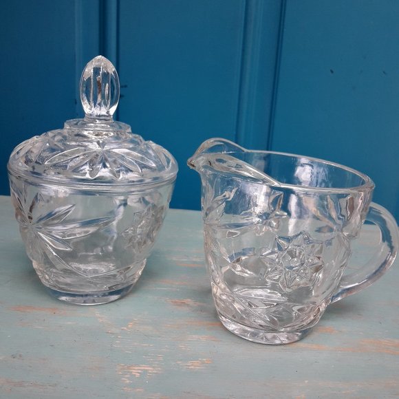 Glass Cream and Sugar with Lid Measuring Cup Vintage Starburst Design - Picture 1 of 7